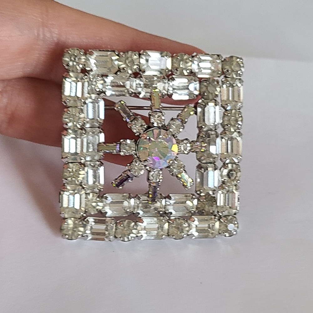 Vintage Boho Jay Flex Sterling Silver Crystal Aurora Borealis Square Brooch
